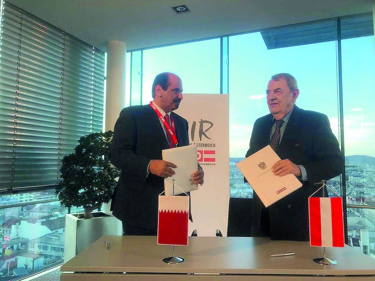 Qatar Chamber’s First Vice-Chairman Mohamed bin Ahmed bin Towar Al Kuwari (left) and Richard Sehenz, Vice-Chairman of  the Federation of Austrian Chambers, after signing the MoU in Austria, yesterday.