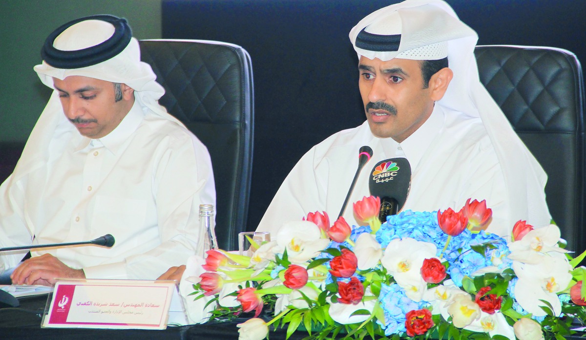 H E Saad bin Sherida Al Kaabi (right), Minister of State for Energy Affairs and Chairman and Managing Director of Industries Qatar, addressing the Annual General Meeting  of Industries Qatar, yesterday.