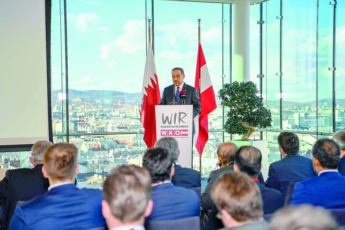 H E Ali bin Ahmed Al Kuwari, Minister of Commerce and Industry, delivering the opening speech at the Qatari-Austrian Business Forum  in Vienna, yesterday.
