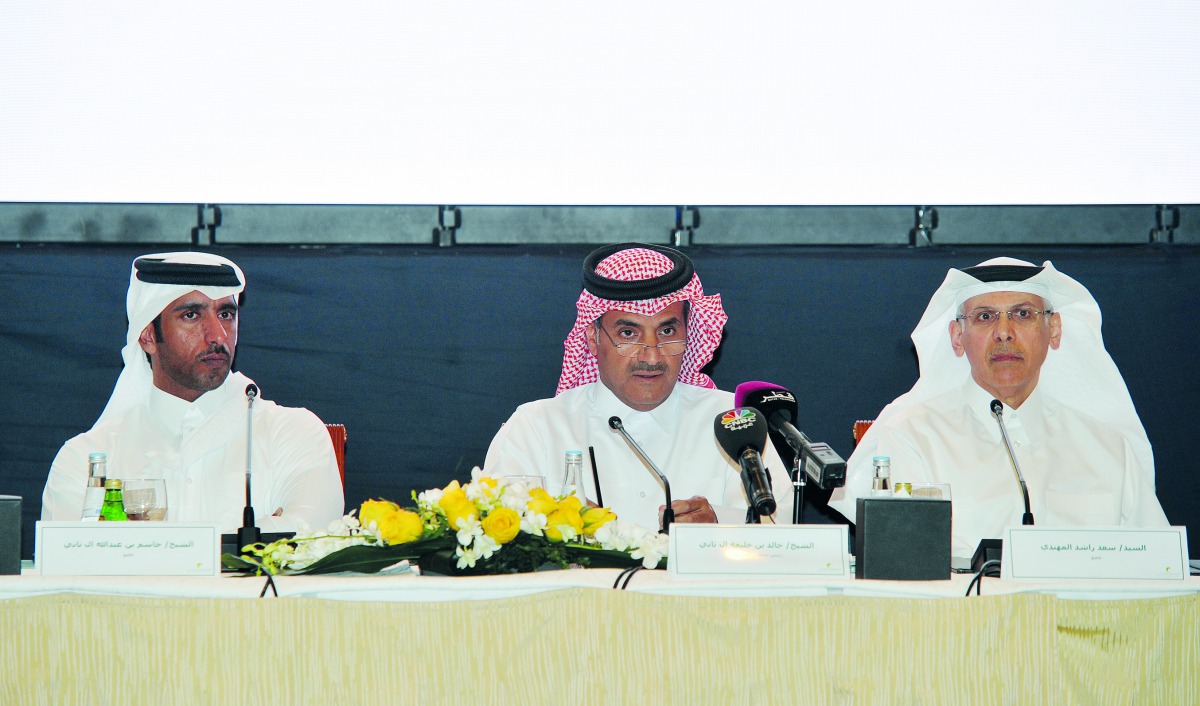Sheikh Khalid bin Khalifa Al Thani (centre), Chairman of Gulf International Services, with other Board members during the Annual General Meeting at Four Seasons Hotel, yesterday.  Pic: Abdul Basit / The Peninsula