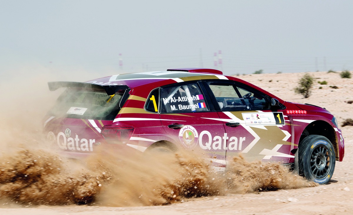 Qatari driver Nasser Saleh Al Attiyah and his French co-driver Matthieu Baumel driving a Volkswagen Polo GTI R5 on their way to win the 2019 Manateq Qatar International Rally, yesterday.