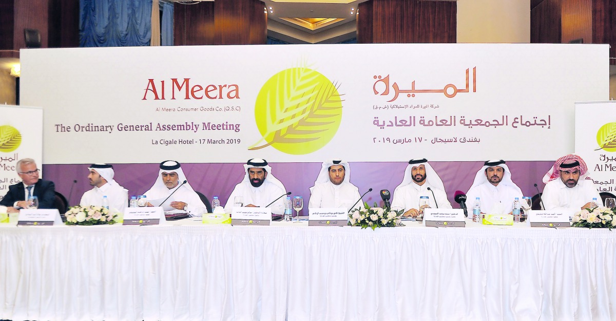 Sheikh Thani bin Thamer bin Mohamed Al Thani, Chairman of Al Meera Board of Directors; Dr Saif Said Al Sowaidi, Vice-Chairman; H E Dr Saleh bin Mohammad Al Nabit, Board member; and other officials during the Ordinary General Assembly meeting of Al Meera, 