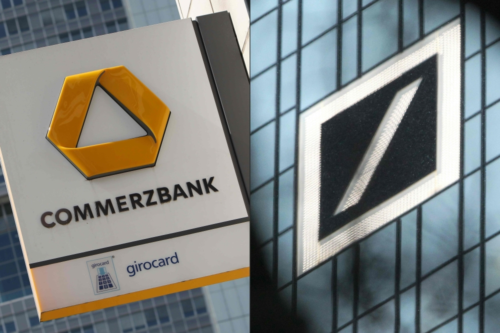 FILE PHOTO: This combination of file pictures taken in Frankfurt am Main, western Germany, and created on January 17, 2019 shows (L) the logo of German bank Commerzbank at the company's headquarters on April 28, 2015 and the logo of German company Deutsch