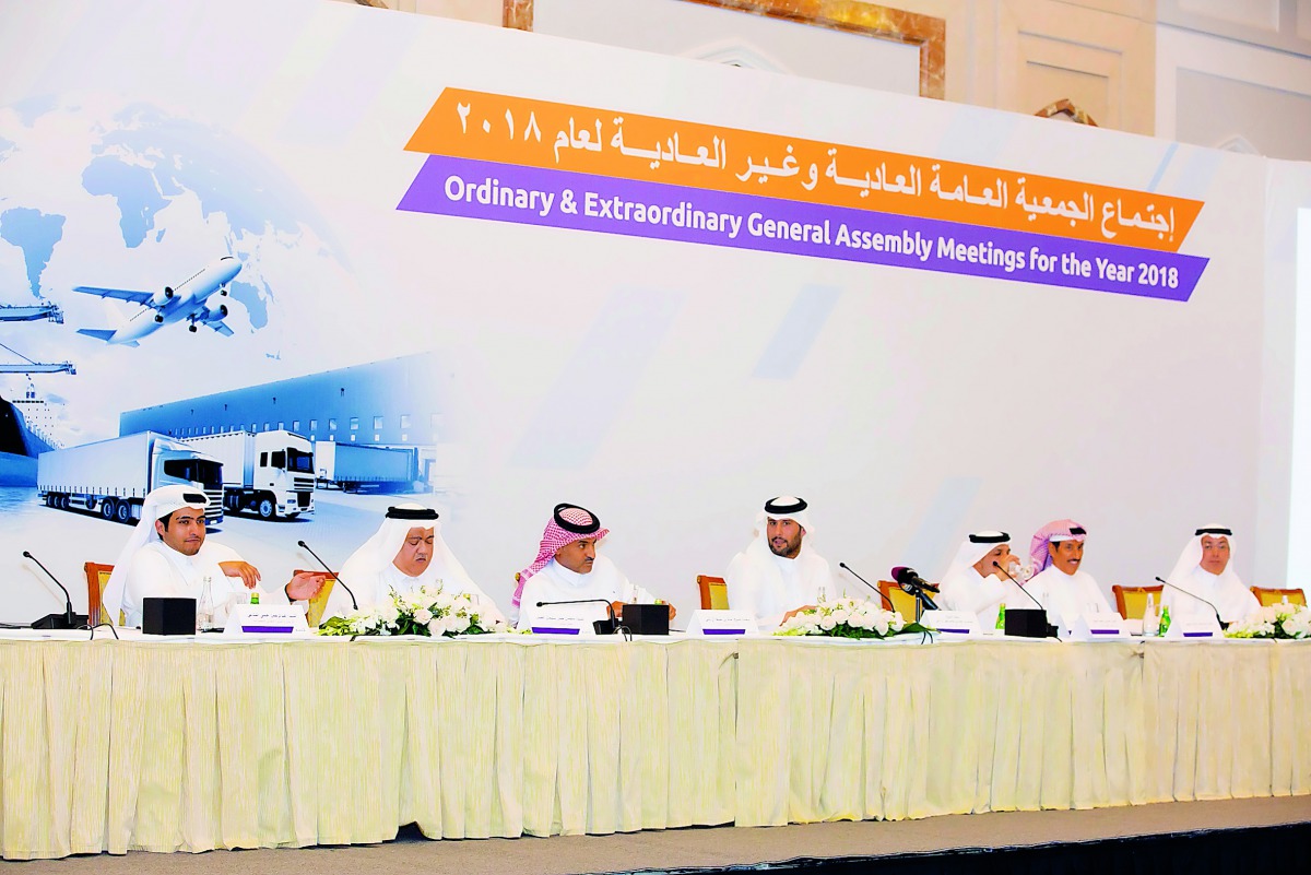 Sheikh Jassim bin Hamad bin Jassim Jaber Al Thani, Chairman of the Board of Directors of Milaha, and other board members at the Company’s Annual General Assembly meeting held at Four Seasons Hotel Doha yesterday.