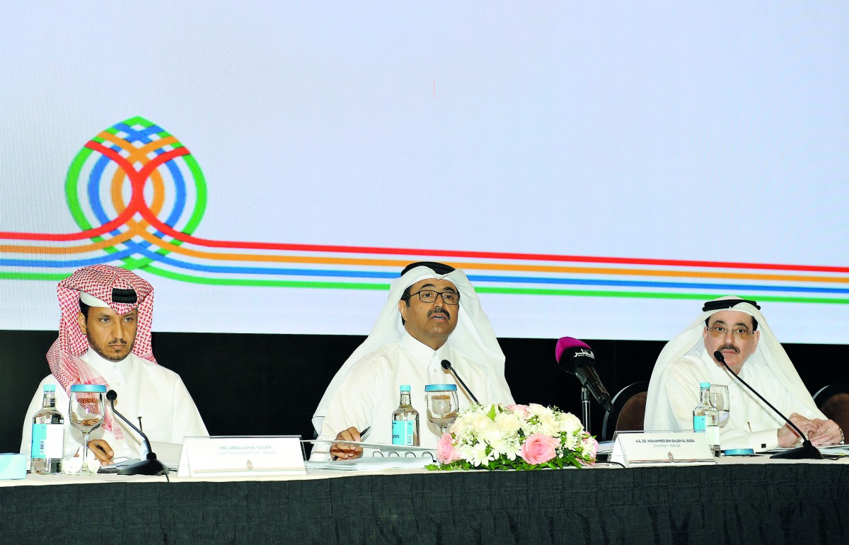 Nakilat Chairman, Dr Mohammed bin Saleh Al Sada (centre), with Vice-Chairman, Ahmad Saif Al Sulaiti (right), and CEO,  Abdullah Al Sulaiti, attending the AGM of Nakilat held at the La Cigale Hotel in Doha yesterday. Pic: Salim Matramkot/The Peninsula

