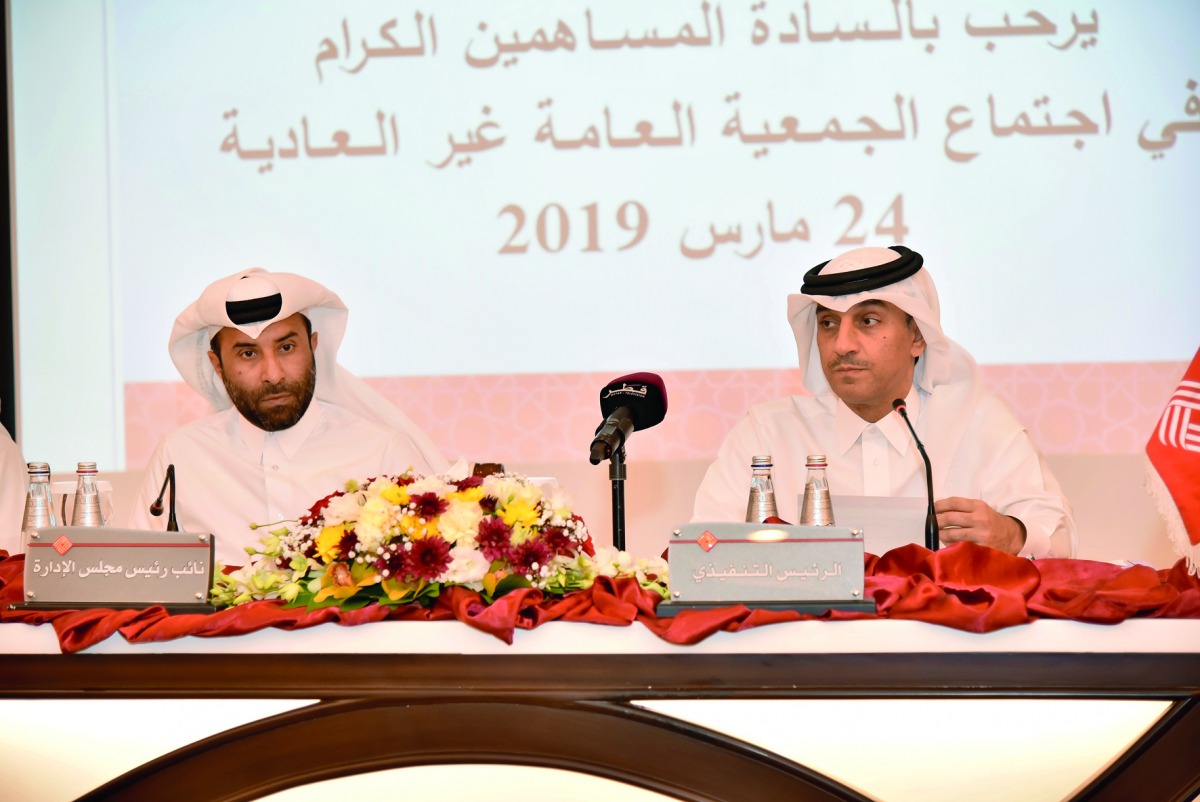Rashid Nasser Al Kaabi (left), Vice-Chairman of the Board of Directors of QIIB and Jamal Abdullah Al Jamal, QIIB’s Deputy CEO, at the Bank’s Extraordinary General Assembly Meeting, held yesterday.