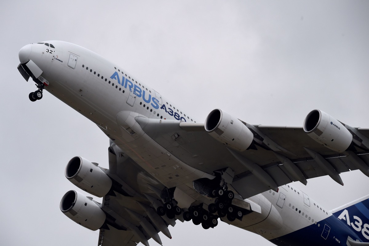 An Airbus A380 airplane performing at the International Paris Airshow in Le Bourget, north of Paris on June 18, 2015. AFP/Miguel Medina