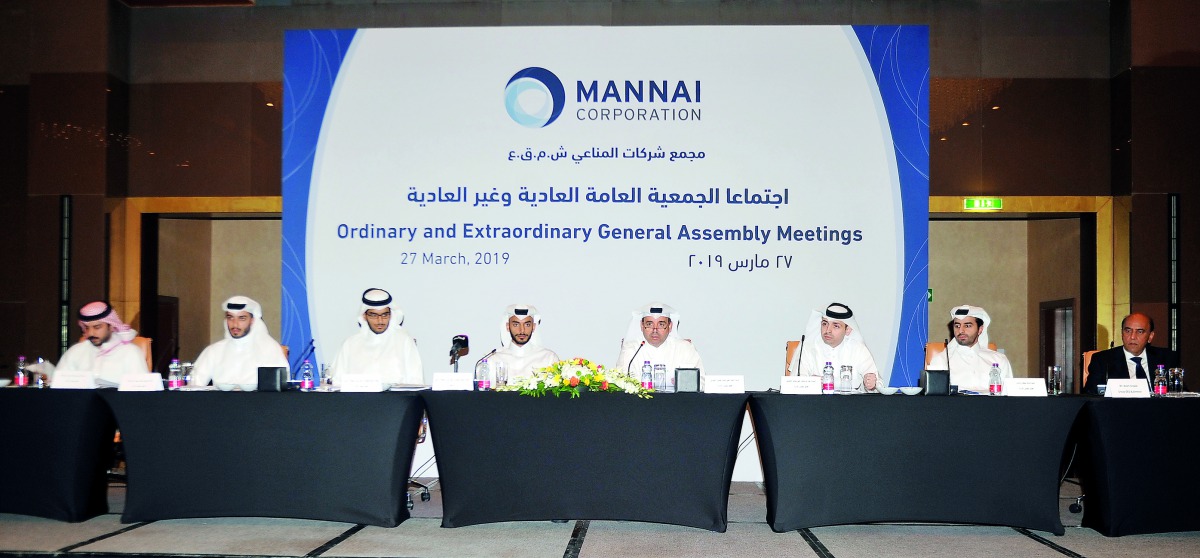 Sheikh Suhaim bin Abdullah bin Khalifa Al Thani (fourth left), Vice-Chairman of Mannai Corporation, and Mohamed Ali M Al Kubaisi (fourth right), Director, with other Board members during the Ordinary and Extraordinary General Assembly meeting of Mannai Co
