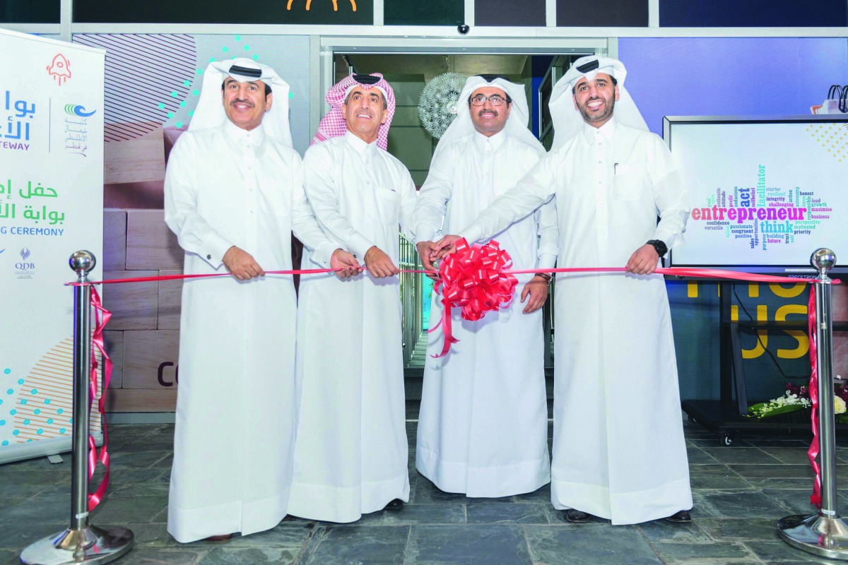 H E Dr Mohammed Saleh Al Sada (second right), former Minister of Energy and Industry; Abdulaziz bin Naser Al Khalifa (right), CEO of QDB,  and other dignitaries at the launch of ‘Business Gateway’  initiative, at College of the North Atlantic-Qatar, yeste
