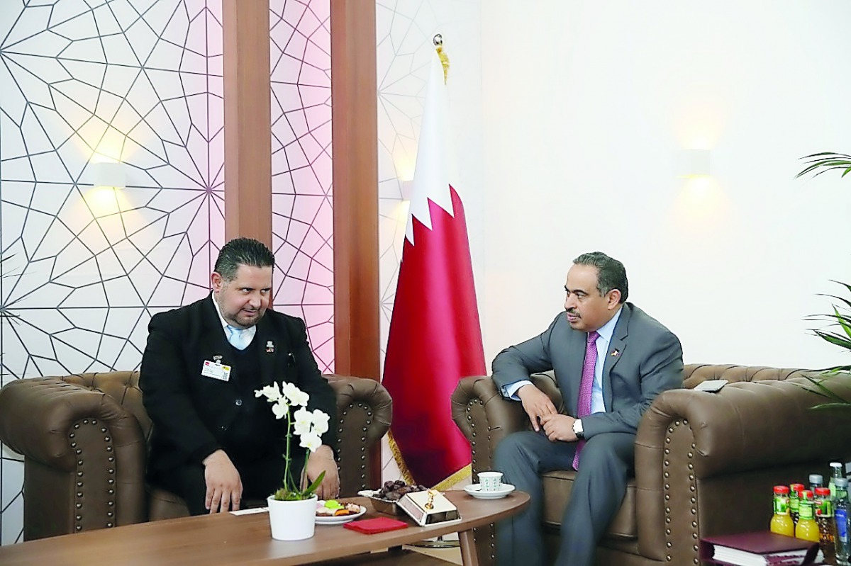 H E Ali bin Ahmed Al Kuwari (right), Minister of Commerce and Industry, holding discussions with Eduardo Infante  on the sidelines of Hannover Fair 2019.