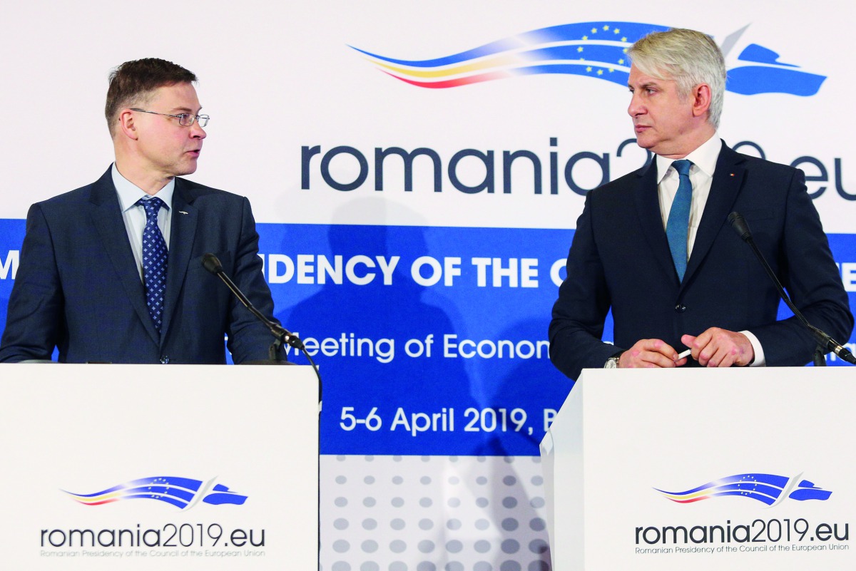 EU Commission Vice-President for Financial Services and Capital Markets Union Valdis Dombrovskis delivers a speech during a joint news conference with Romania's Minister of Public Finance Eugen Orlando Teodorovici on the second day of the informal meeting