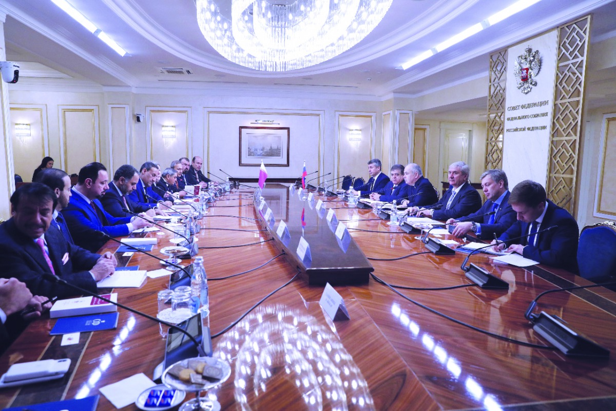 The members of Qatari delegation discussing business and investment opportunities and ways of enhancing cooperation and investment  with their Russian counterparts at the Qatar-Russia Business Council meeting in Moscow.  