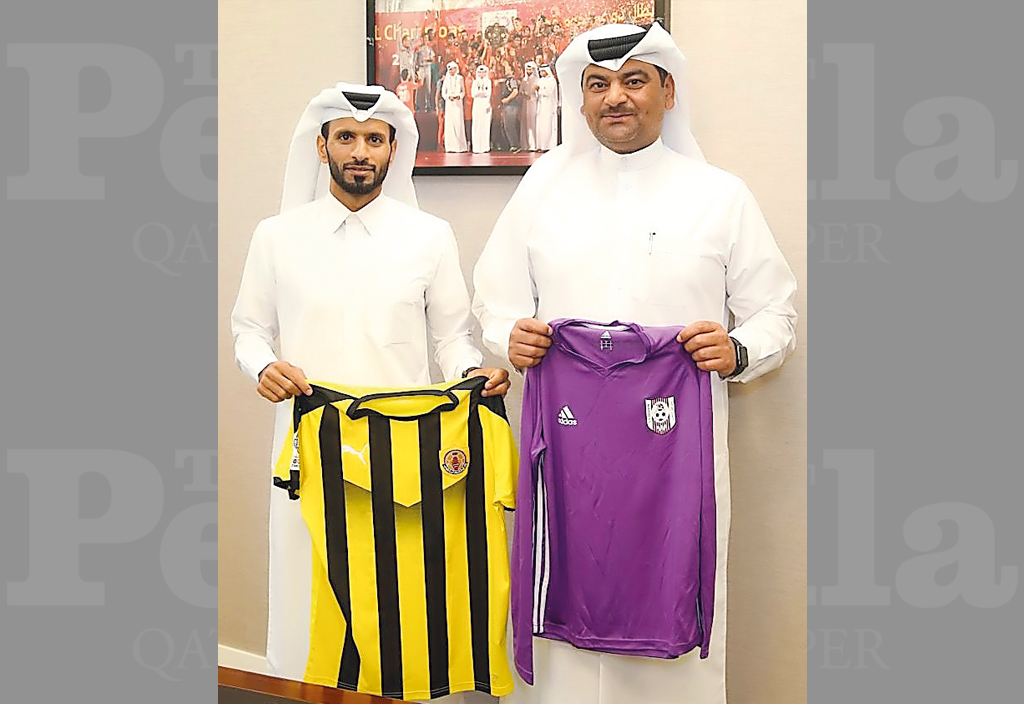 Officials of Muaither SC and Qatar SC pose with their respective clubs jerseys ahead of QNB Stars League play-off match at the Al Duhail Stadium which will take place today.
