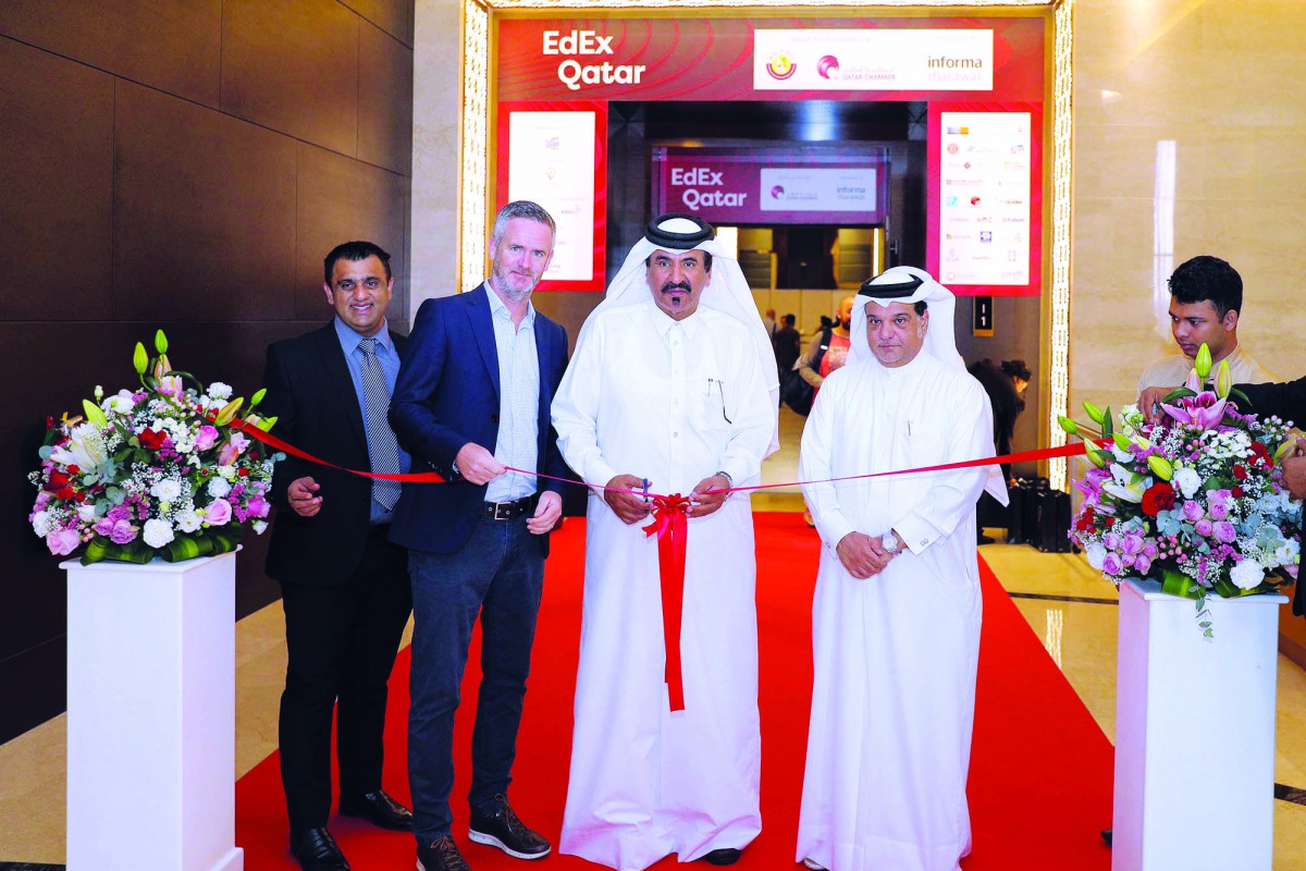 Qatar Chamber First Vice-Chairman, Mohamed bin Ahmed bin Towar Al Kuwari (centre) cutting the ceremonial ribbon marking the formal opening of EdEx Conference and Exhibition 2019.