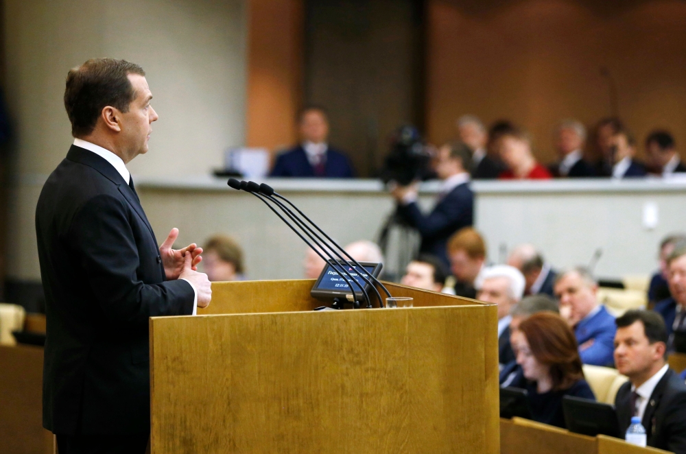 Russian Prime Minister Dmitry Medvedev speaks during his annual address to the State Duma, the lower chamber of Russia's parliament, in Moscow on April 17, 2019. / AFP / SPUTNIK / Dmitry ASTAKHOV
