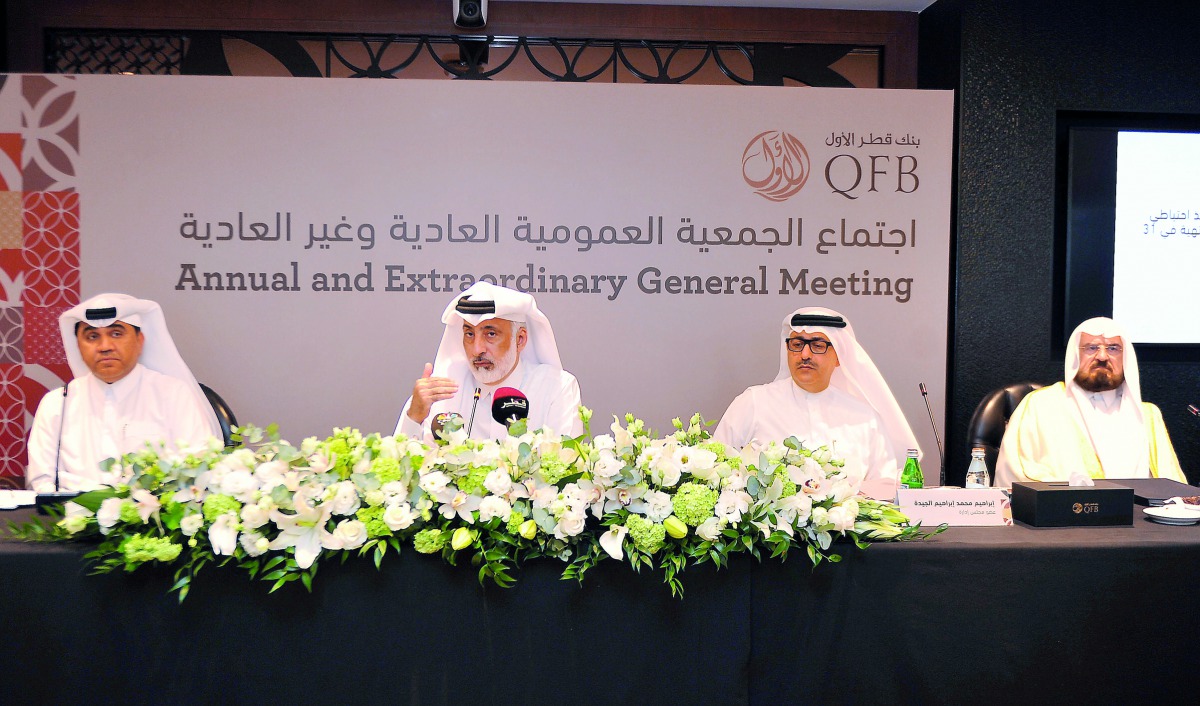 Abdulla bin Fahad bin Ghorab Al Marri, (centre) Chairman of QFB; Ibrahim Mohamed Ibrahim Jaidah, Board Member (right); and Ali Mohammed Al Obaidli (left) CEO of QFB during the AGM in Doha yesterday. Pic: Abdul Basit/the peninsula

