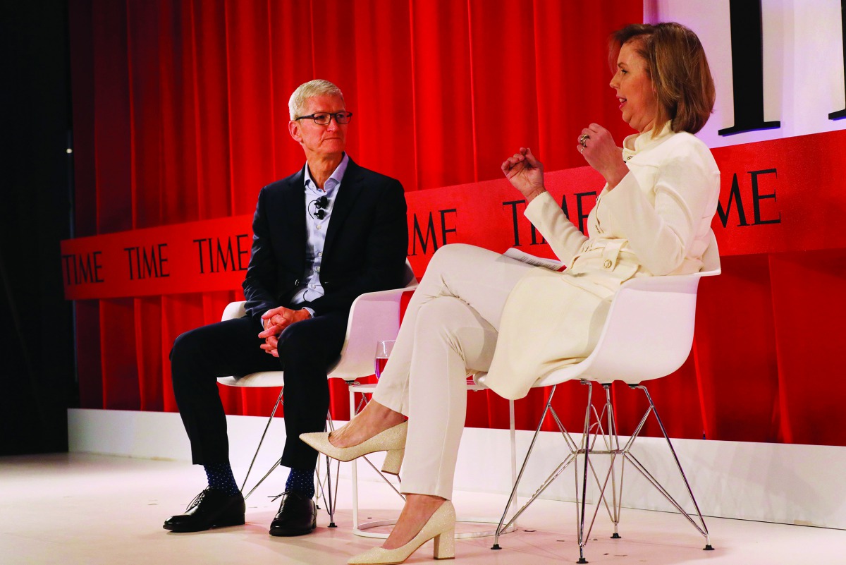 Apple CEO Tim Cook speaks with former TIME managing editor Nancy Gibbs at the TIME 100 Summit on April 23, 2019 in New York City. The day-long TIME 100 Summit showcases the annual TIME 100 list of the most influential people in the world. Spencer Platt/Ge
