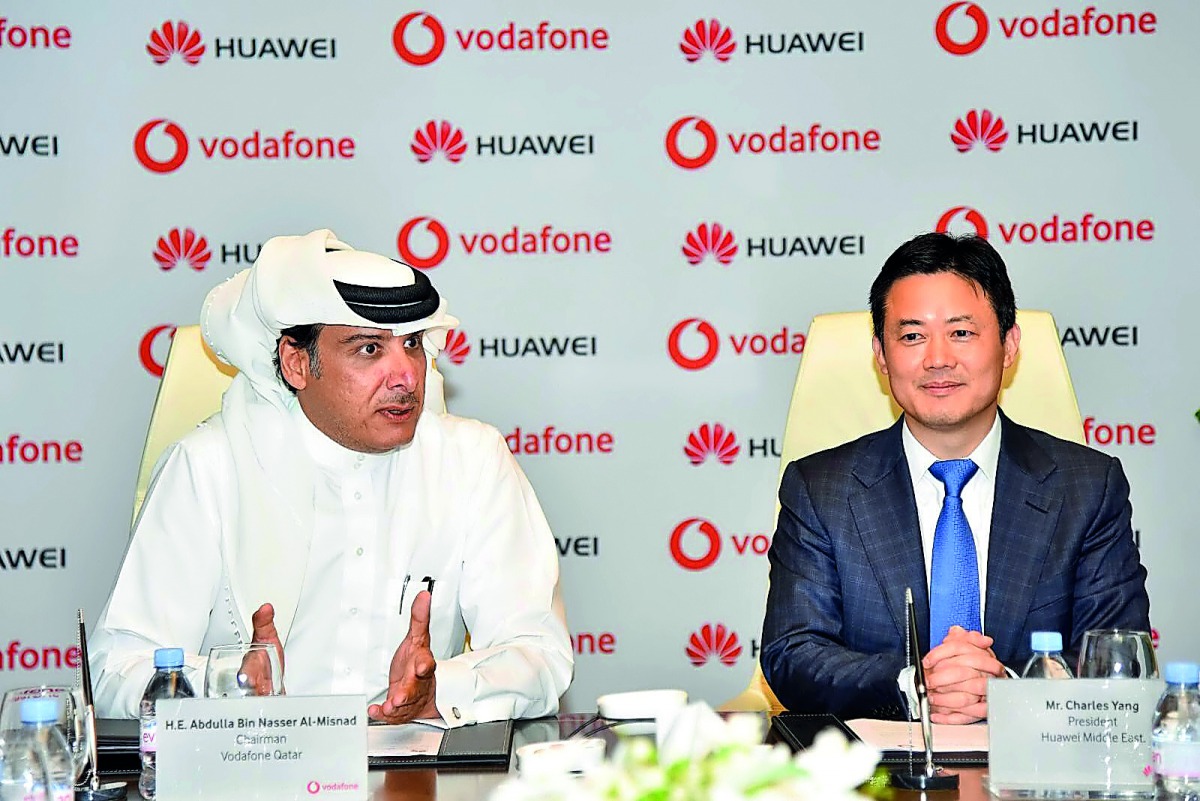 Vodafone Qatar Chairman, Abdulla Nasser Al Misnad (left) and Charles Yang, the President of Huawei Middle East, signing the strategic agreement at Vodafone Qatar’s headquarters, yesterday. 