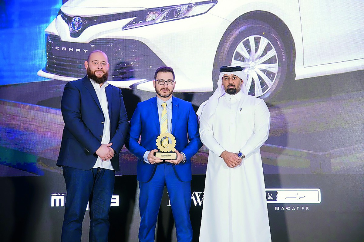 Firas Mufti, Senior Marketing Manager, receiving the award on behalf of Abdullah Abdulghani & Bros (AAB) with other officials at the awarding ceremony held at Mondrian Hotel in Doha.