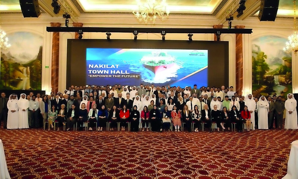 Nakilat employees, led by the company’s Chief Executive Officer, Abdullah Fadhalah Al Sulaiti, and top management at the 2019 Town Hall meeting held yesterday. 