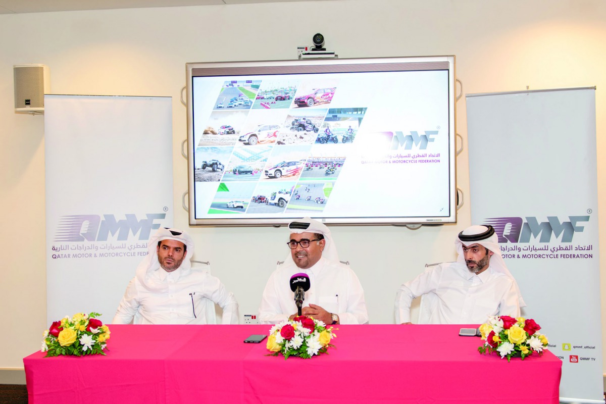 Qatar Motor and Motorcycle Federation  president Abdulrahman Al Mannai (centre), Vice Chairman of Losail Circuit Sports Club Khalid Al Remaihi and Batabit Centre Director Mohamed Ghanem Al Kubaisi addressing the media yesterday.