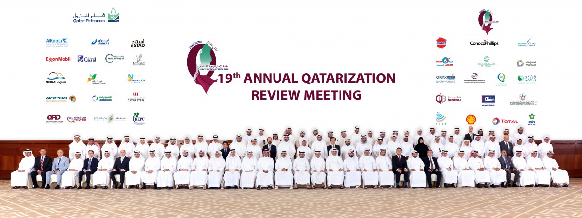 H E Saad bin Sherida Al Kaabi, the Minister of State for Energy Affairs and President & CEO of Qatar Petroleum, posing for a group photo with top executives and senior officials from the Energy Sector at ‘19th Annual Qatarization Review Meeting’ held in D