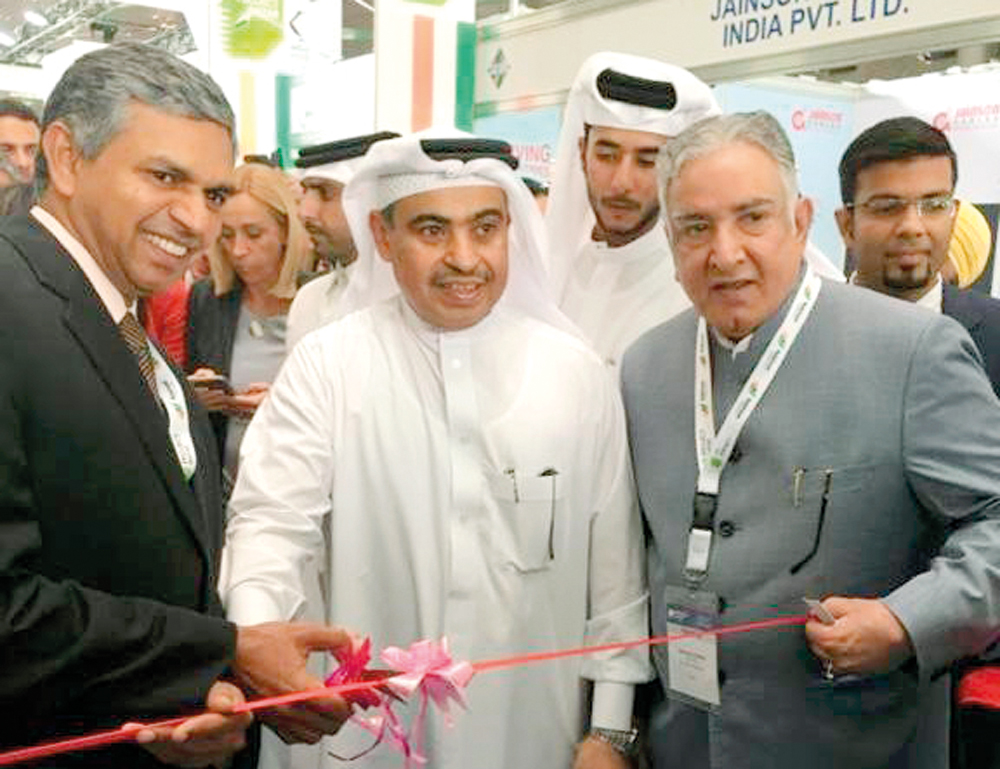 Minister of Commerce and Industry H E Ali bin Ahmed Al Kuwari (centre), and the Ambassador of India to the State of Qatar, P. Kumaran (left), inaugurating the India Pavilion at the 16th Edition of Project Qatar Exhibition held at Doha Exhibition & Convent