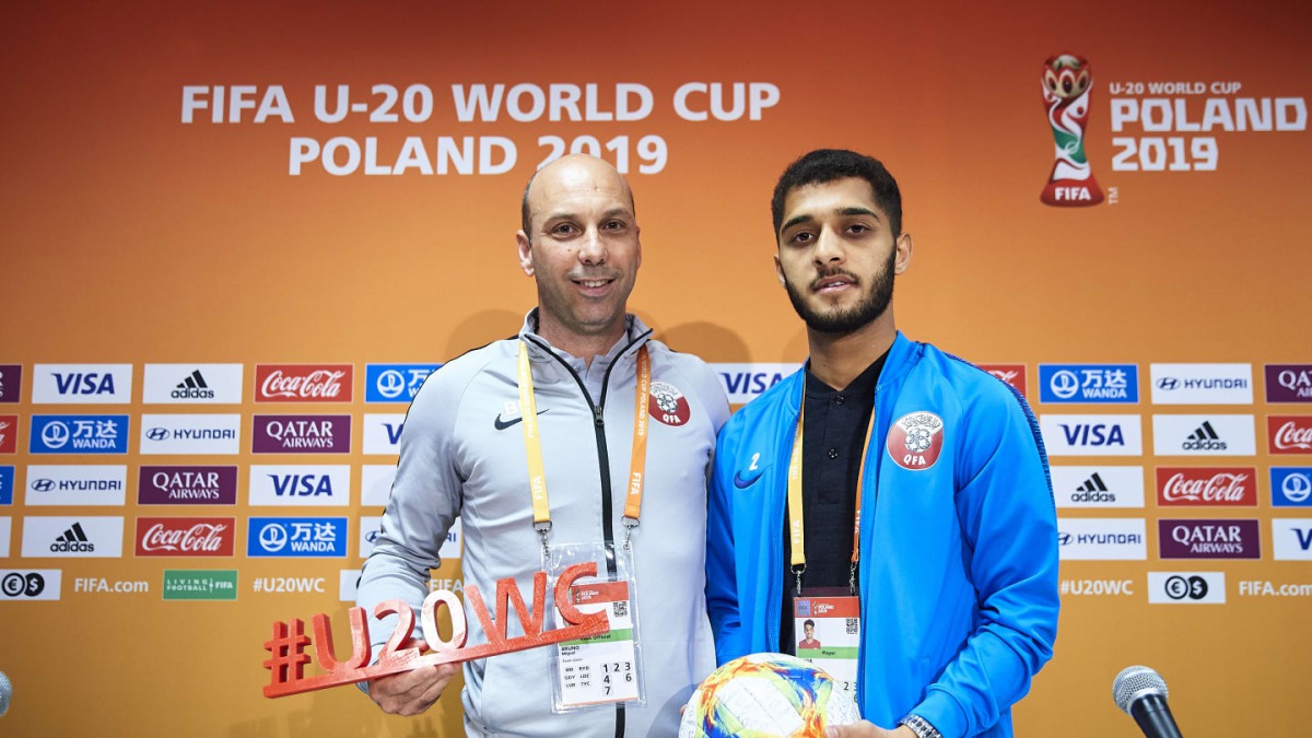 A Qatari team official and a player on the eve of the FIFA U-20 World Cup match against Nigeria  in Poland yesterday.