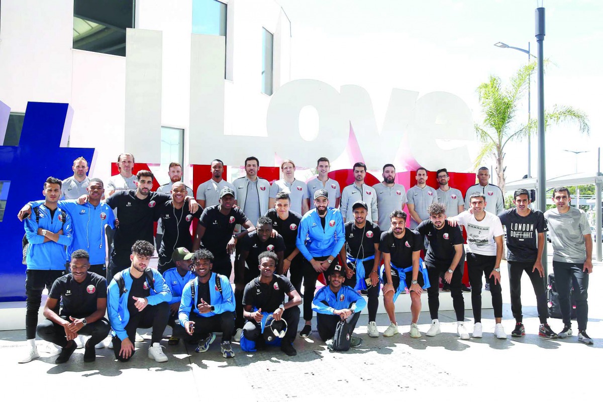 Qatar U23 team members and officials pose for a photograph yesterday, upon their arrival in France ahead of the 47th Toulon Tournament which will be held in the region of Provence from June 1 to 15.