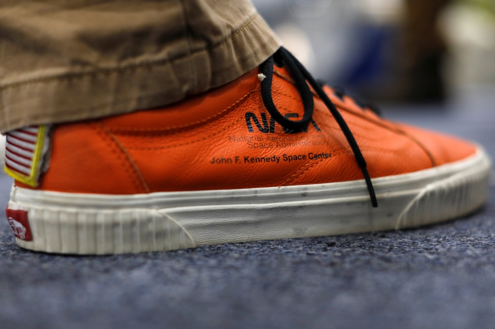 A pair of Vans NASA sneakers are worn by commercial crew astronaut Victor Glover as he trains inside a replica International Space Station at the the Johnson Space Center in Houston, Texas, U.S., May 22, 2019. Reuters/Mike Blake 