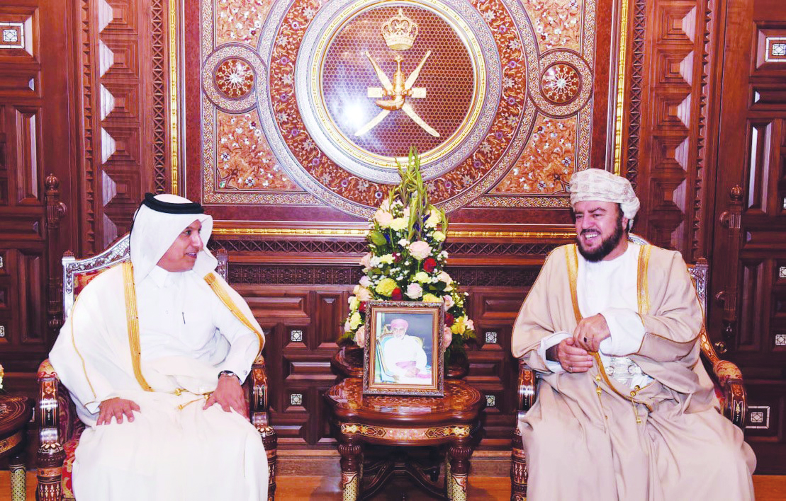 H E Ali Shareef Al Emadi (left), Minister of Finance, with H E Sayyid Asaad bin Tariq Al Said, Deputy Prime Minister for International Cooperation and Special Representative to the Sultan, during his official visit to Oman yesterday. 