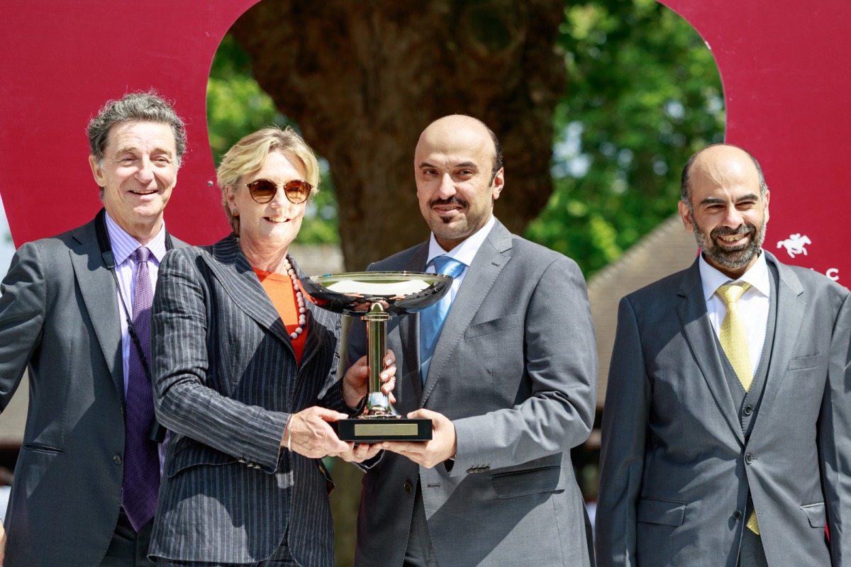 The winners of the Qatar Prix Jean Prat receiving the trophy from Qatar Racing & Equestrian Club’s Board Member, Ahmad Mohammed Alabdulmalik, in Deauville, yesterday.
