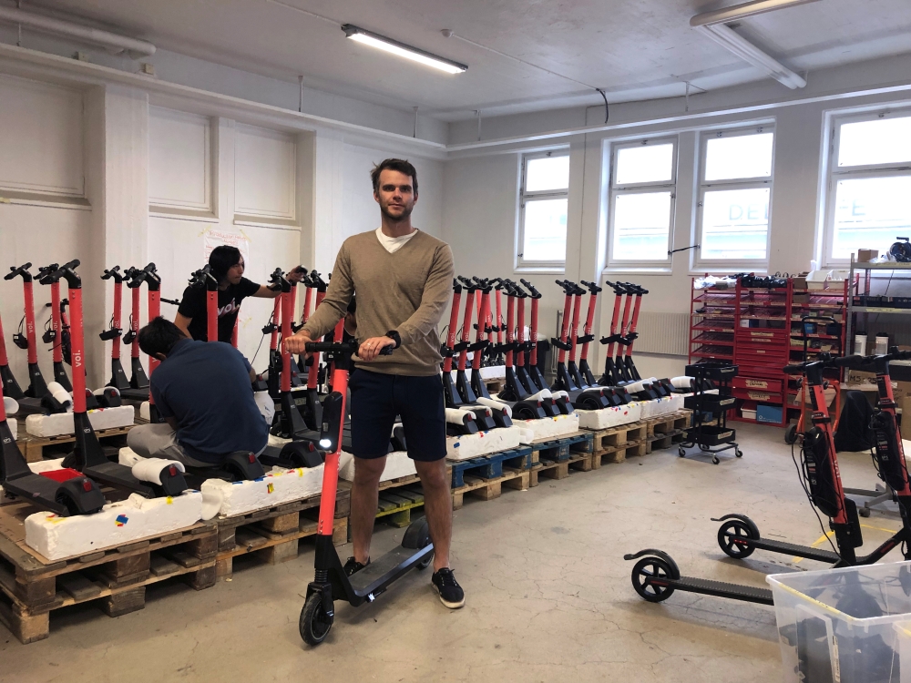 Fredrik Hjelm, Swedish startup VOI co-founder and chief executive poses at the company's workshop in Stockholm, Sweden July 6, 2019. Picture taken July 6, 2019. Reuters/Esha Vaish
 