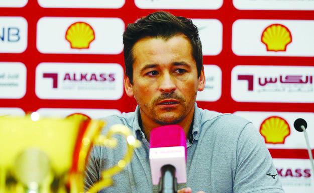 Al Duhail coach Rui Faria speaking during a press conference in Doha, yesterday.