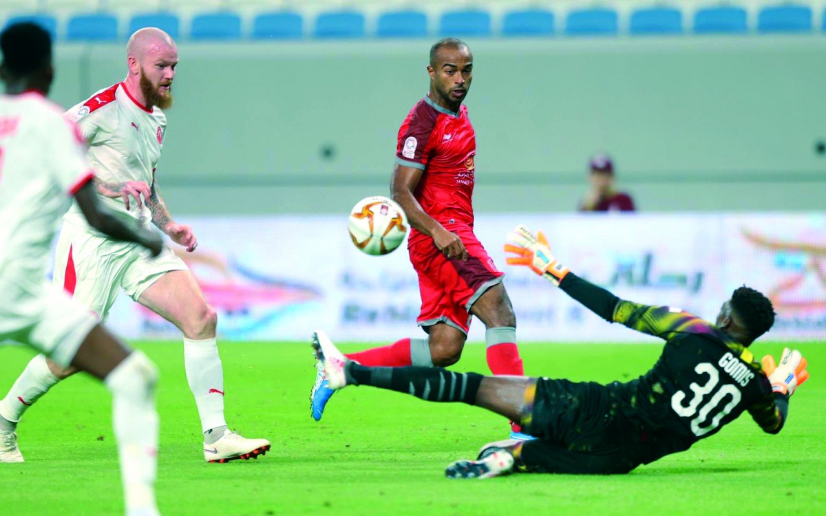 Al Arabi’s Icelandic international Aron Gunnarsson (left) scoring his maiden QSL goal against Al Duhail. Picture: Twitter/@QSL 
