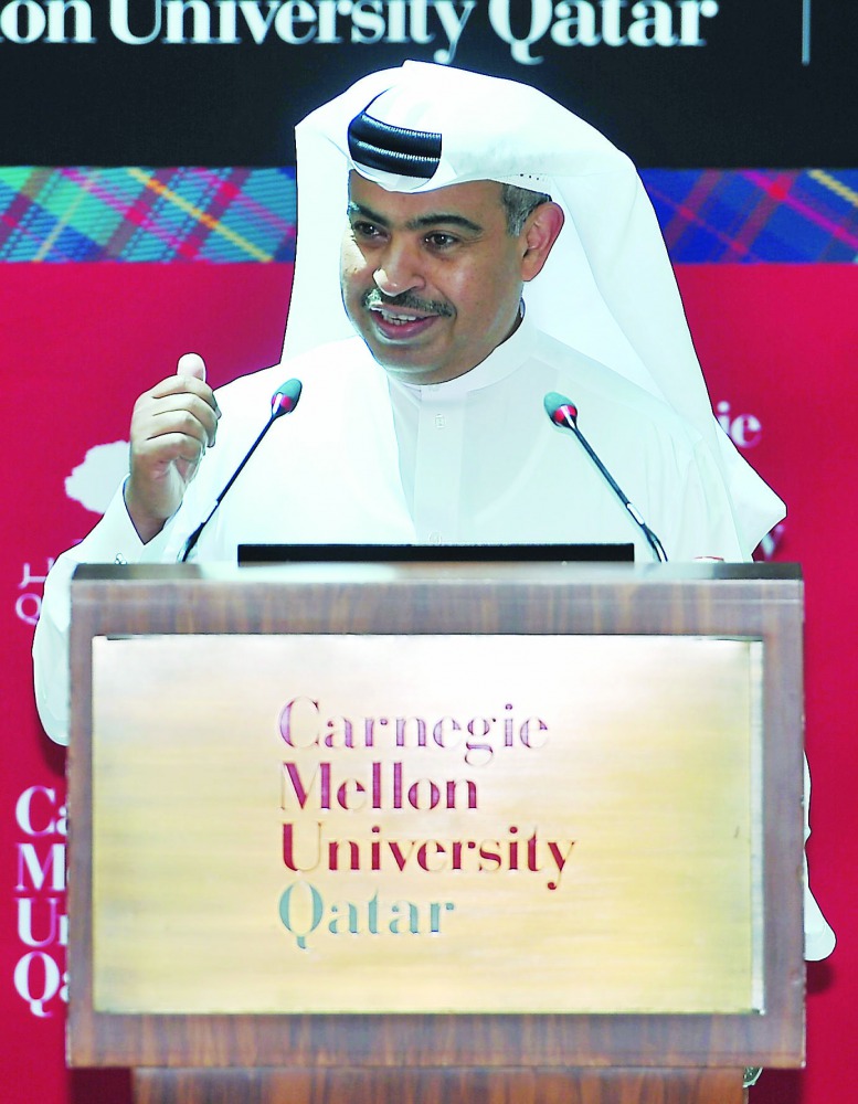 H E Ali bin Ahmed Al Kuwari, Minister of Commerce and Industry, delivering a speech during the Carnegie Mellon University in Qatar (CMU-Q) Dean’s Lecture Series, yesterday. Pic: Baher Amin/ The Peninsula