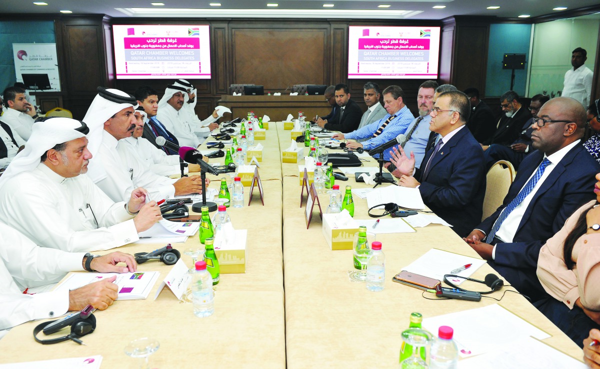 Mohamed bin Ahmed bin Towar Al Kuwari (second left), First Vice-Chairman of Qatar Chamber; Ambassador of South Africa to Qatar, Faizel Moosa (second right); and other officials at Qatar Chamber headquarters during a meeting with South African trade delega
