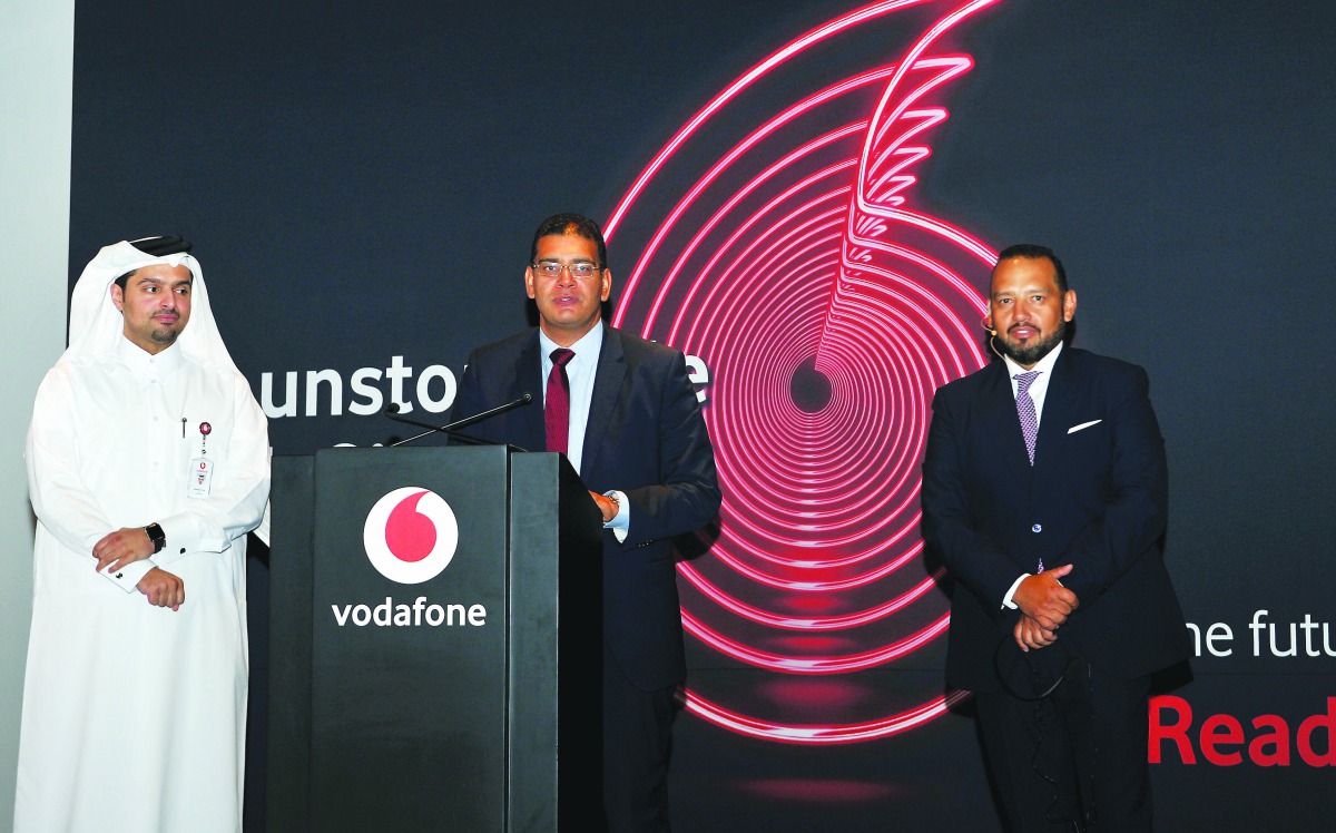 Sheikh Hamad Abdullah Al Thani (left), CEO, Vodafone Qatar; with Diego Camberos, COO, Vodafone Qatar; during the launching of the ‘Unlimited 5G Plans’ at an exclusive event held at the Bin Jelmood House, Msheireb Downtown Doha, yesterday. Pic: Salim Matra