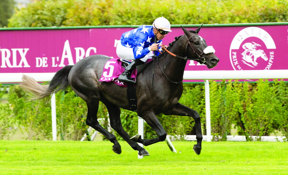 Amyr Du Soleil, ridden by Julien Augé, on his way to win the Qatar Arabian Des Poulains at the Saint-Cloud racecourse in Paris, yesterday.   