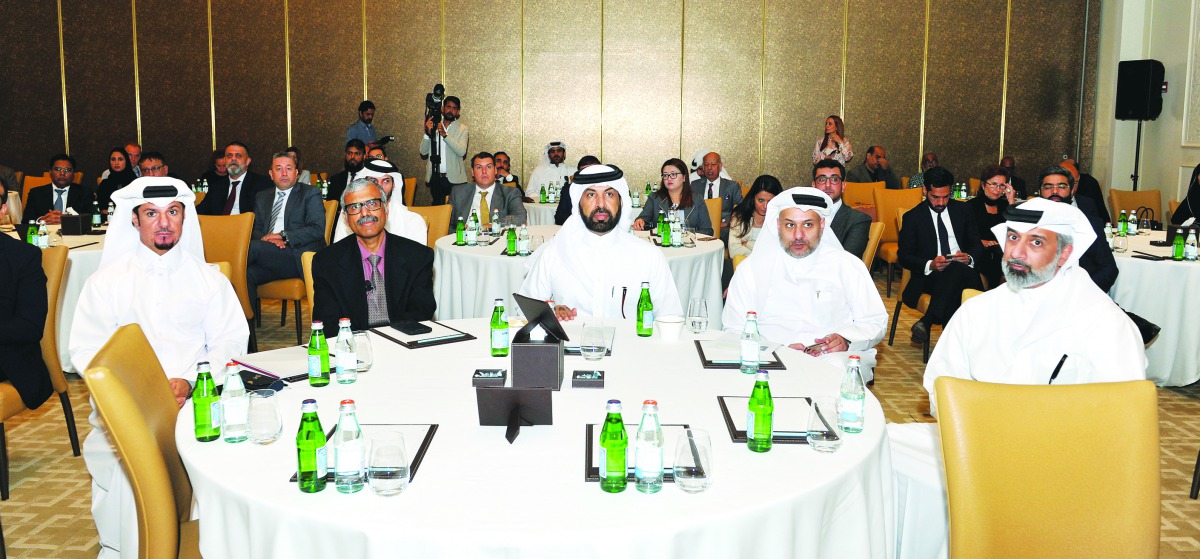 Rashid bin Ali Al Mansoori (centre), CEO of Qatar Stock Exchange (QSE); Yousuf Mohamed Al Jaida (second right), QFC CEO; Raman Aylur Subramanian (second left), Global Head of Equity Applied Research, MSCI; and other officials during the opening session of