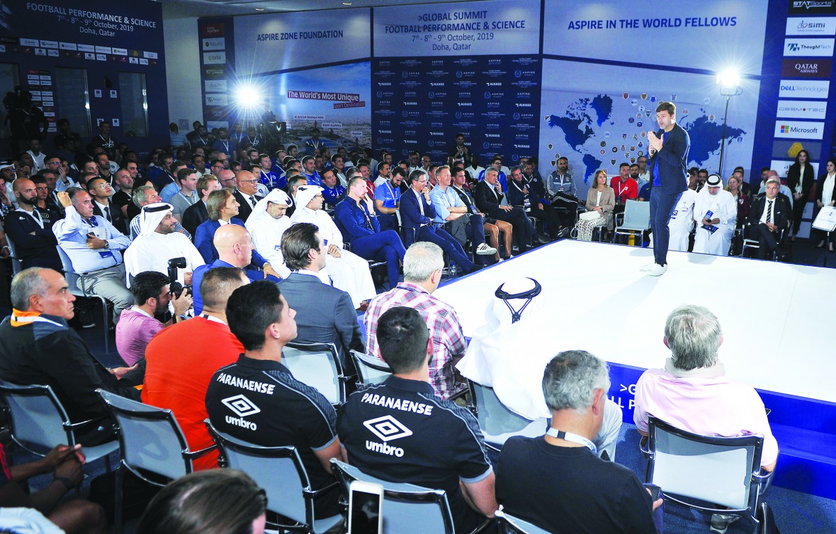 Tottenham Hotspur’s manager Mauricio Pochettino speaking during the “Aspire Academy Global Summit” on Football Performance and Science at Aspire Academy Football Performance Center yesterday. RIGHT: The Director-General of Aspire Academy, Ivan Bravo, duri