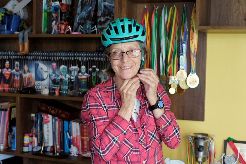 Mirtha Munoz a 70-year-old runner participates in the Sky Race, Bolivia's toughest cycling competition - Bolivia Skyrace - La Paz, Bolivia - October 5, 2019 Mirtha Munoz shows her medals at home before the the Sky Race. Reuters/David Mercado