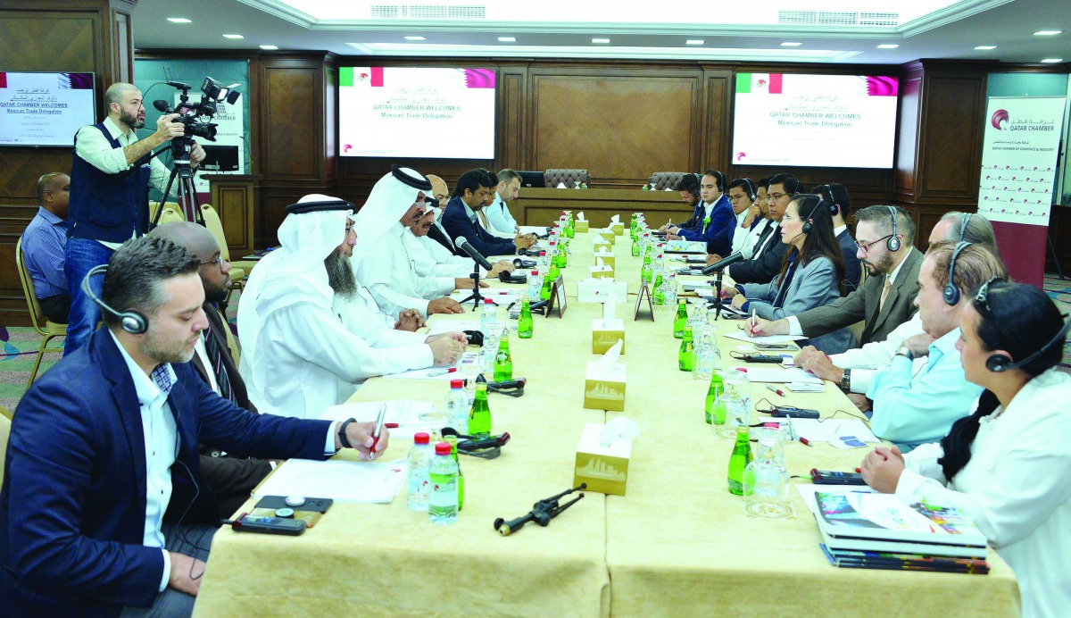 Qatar Chamber officials, led by First Vice-Chairman Mohamed bin Ahmed bin Towar Al Kuwari (fourth left) and Mexican trade delegation led by Mexican Ambassador to Qatar, Graciela Gómez Garcia (fifth right), during the meeting in Doha yesterday. 