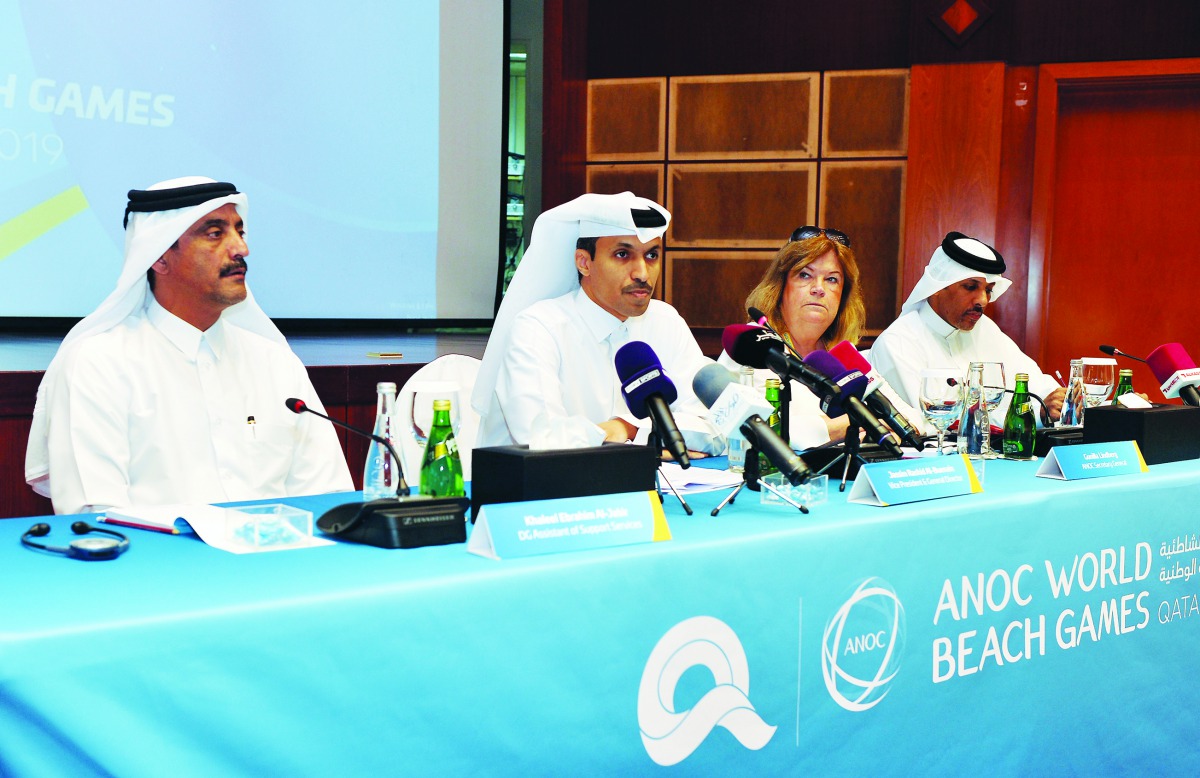 Vice-President and General-Director of Qatar Olympic Committee Jassim Rashid Al Buenain (second left) speaks during a press conference held in Doha, yesterday. ANOC Secretary-General Gunilla Lindberg (second right), Assistant General Manager For Supportin