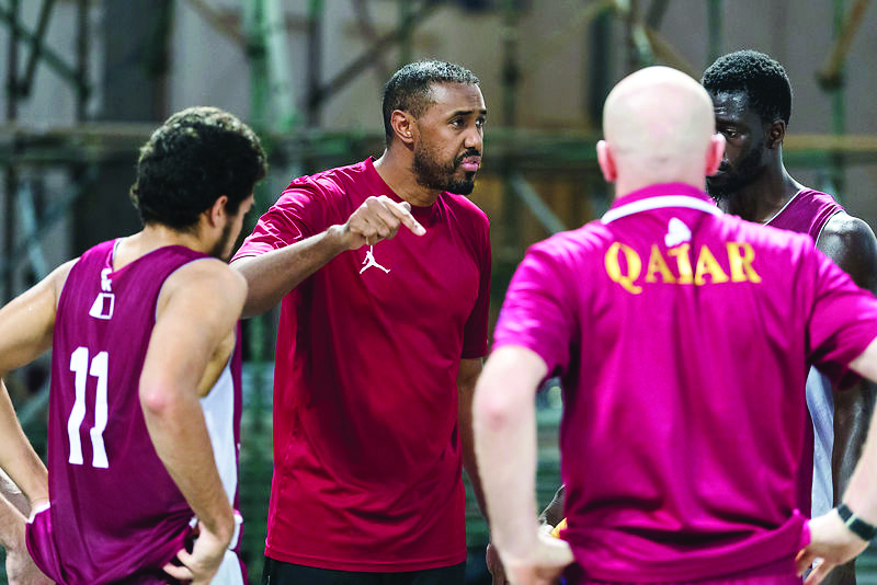 Qatari basketball legend, Yasseen Musa speaking to members of the 3x3 Basketball team during a training session at the Katara Beach, yesterday.