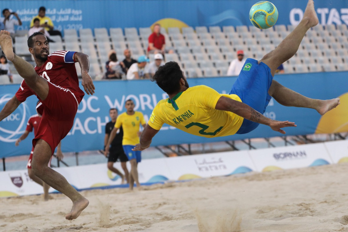Brazil vs Utd Arab Emirates in Men's Beach Soccer Preliminary Group A at Katara Beach during day three of the 1st ANOC World Beach Games Qatar 2019 (Photo Konstantinos Tsakalidis / Laurel Photo Services)