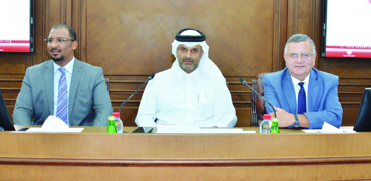 Sheikh Dr Thani bin Ali Al Thani (centre), Board member for International Relations at Qatar International Centre for Conciliation and Arbitration (QICCA), and QICCA Consultant Dr Minas Khatchadorian (right) during a legal symposium in Doha recently. 