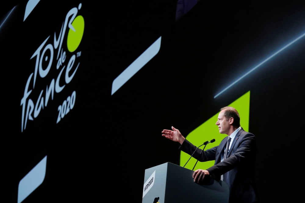 Tour de France director Christian Prudhomme speaks during a news conference to unveil the itinerary of the 2020 Tour de France cycling race in Paris, France, October 15, 2019. REUTERS/Gonzalo Fuentes