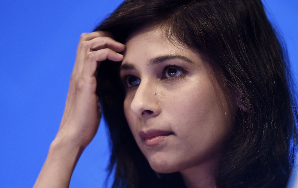 IMF Chief Economist and Director of the Research Department Gita Gopinath speaks during a IMF and World Bank Fall Meetings on October 15, 2019 in Washington. AFP / Olivier Douliery 
 