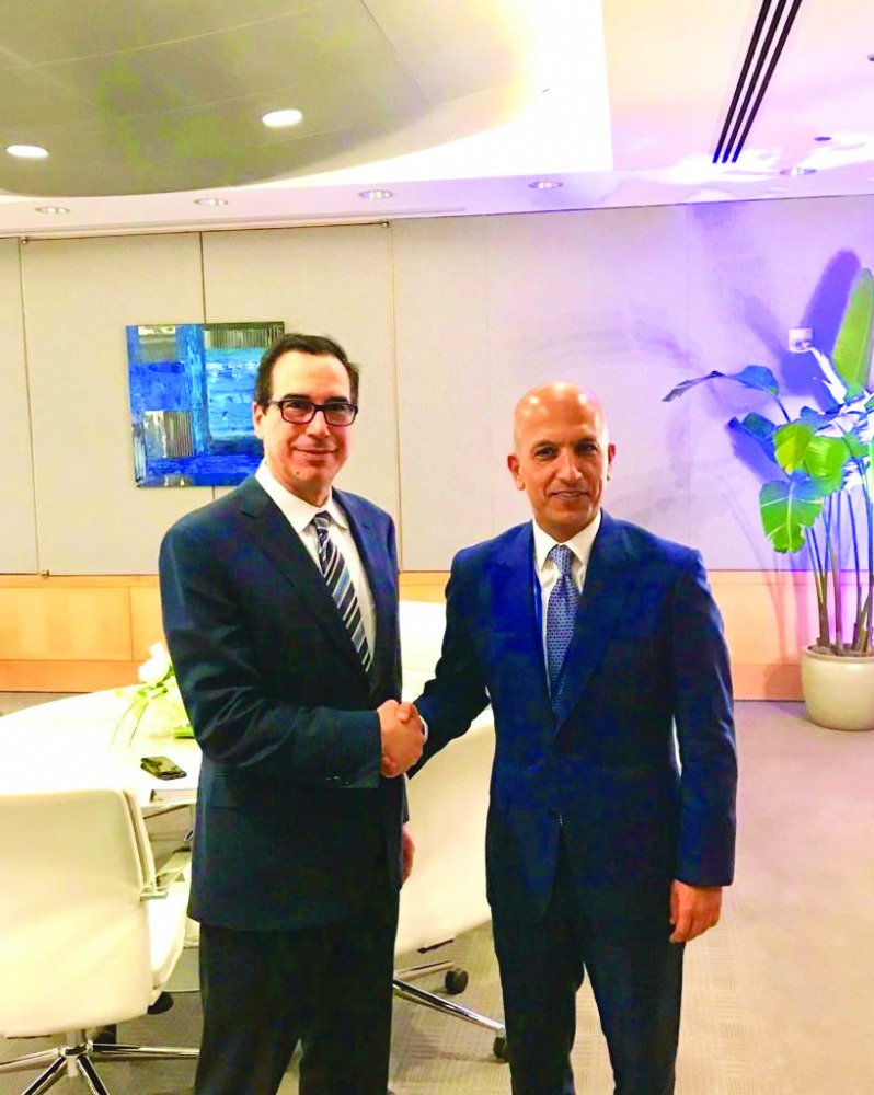 H E Ali Shareef Al Emadi (right), Minister of Finance, with US Treasury Secretary Steven Mnuchin, in Washington, DC.